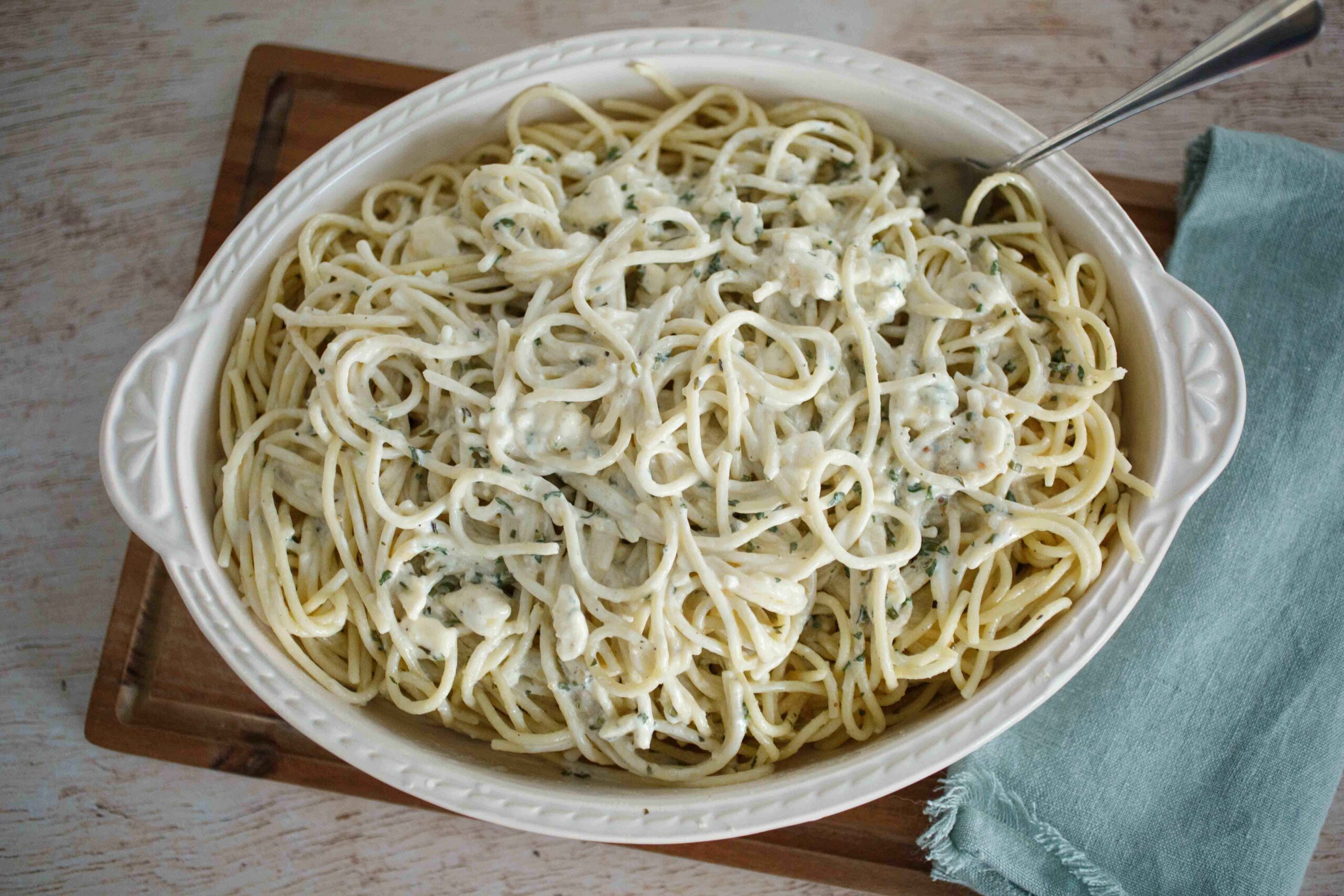 top the pasta with Gorgonzola sauce